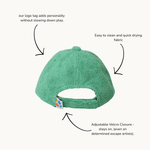 Green cap with text highlighting features on a white background