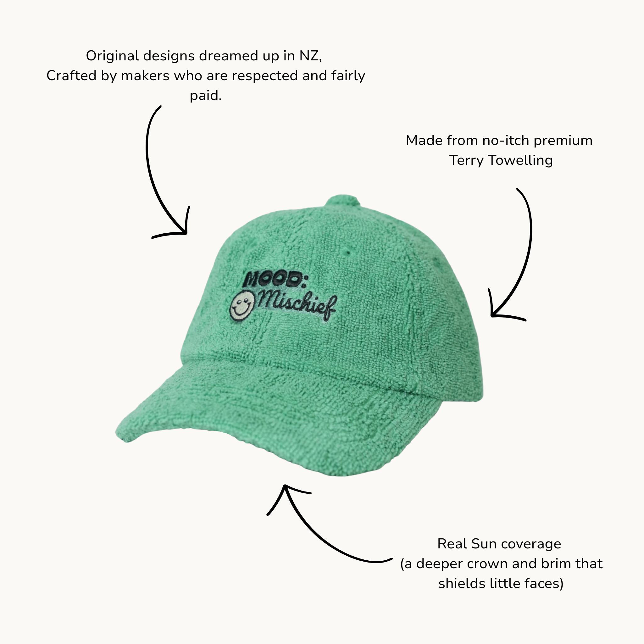 Green kids cap with a smiley face logo on a white background