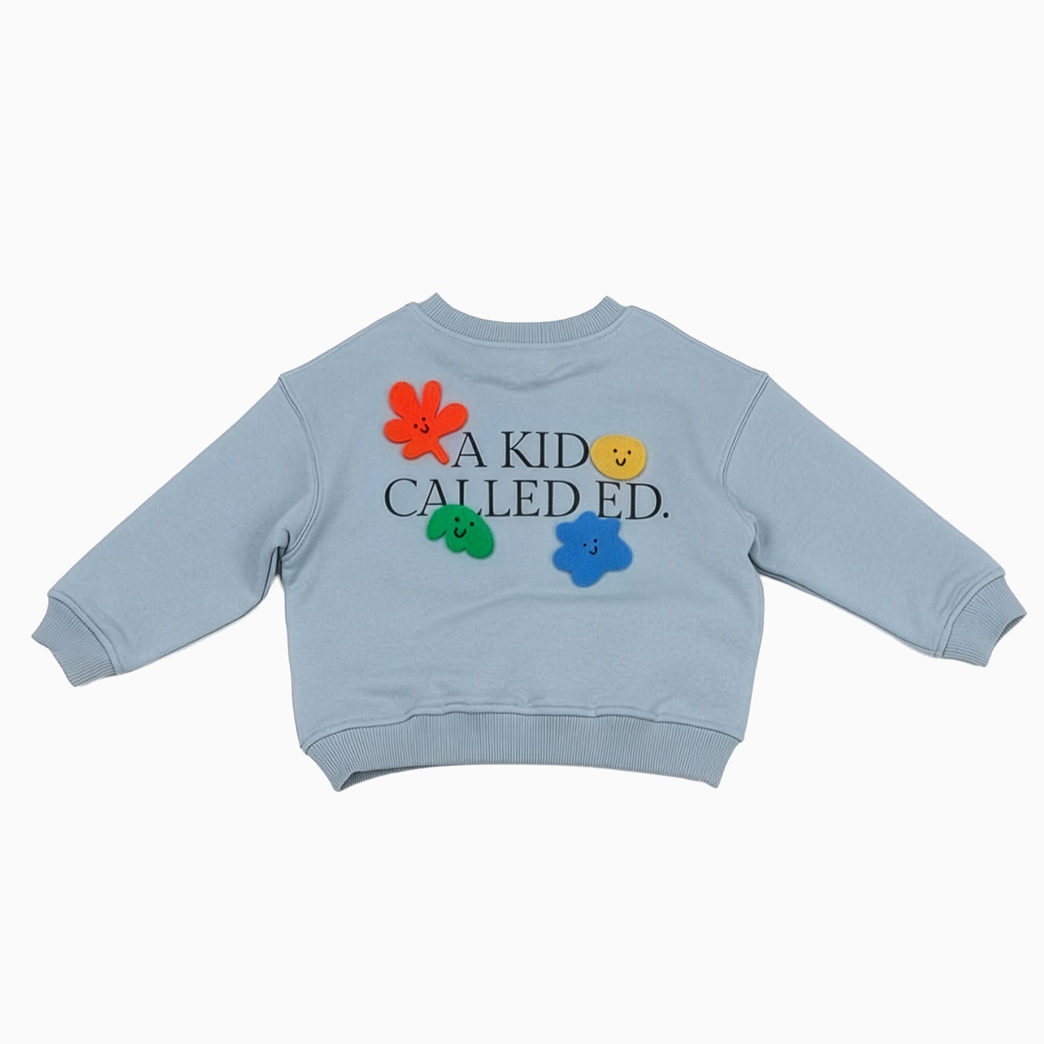 Light blue sweatshirt with colorful text and graphics on a white background