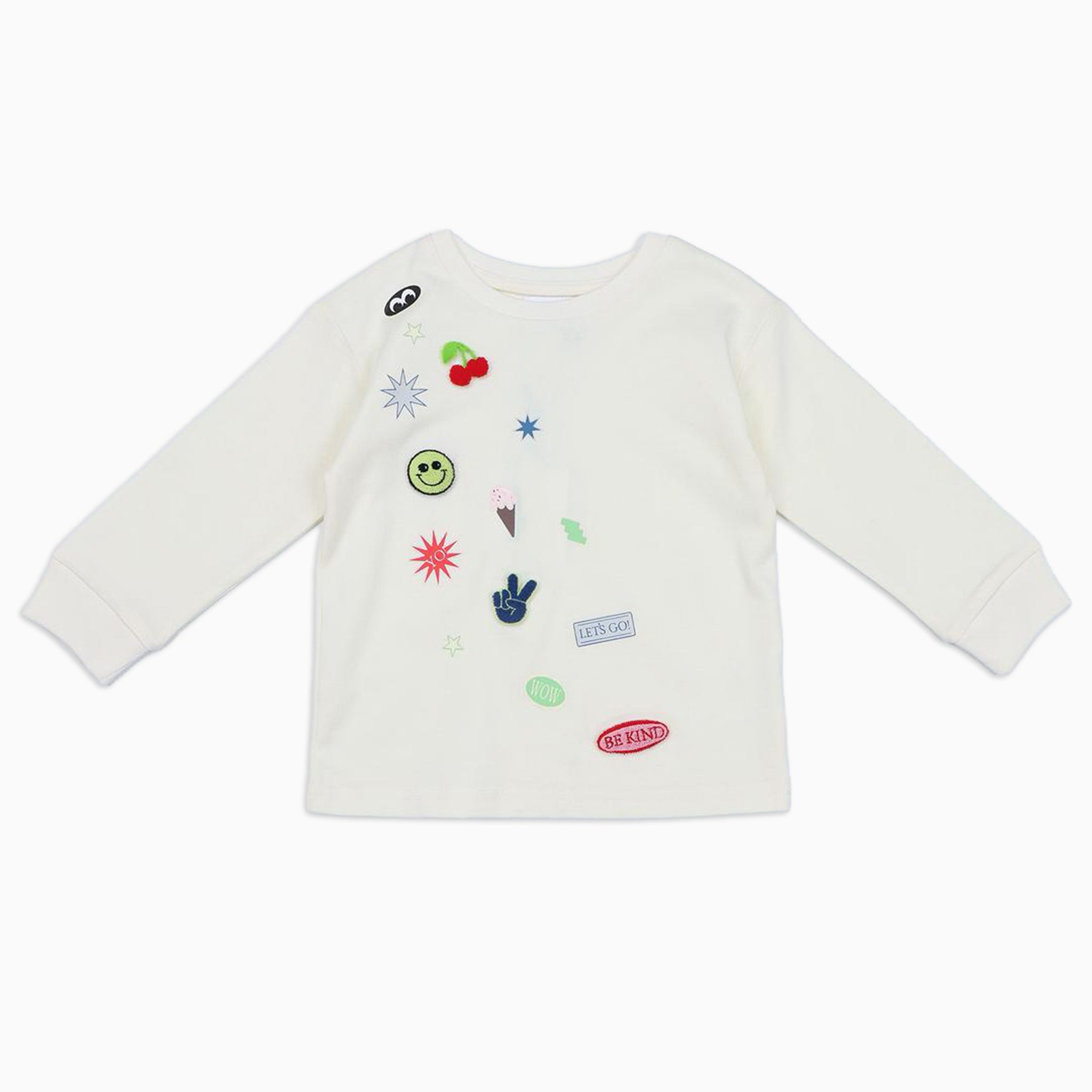 White long-sleeve shirt with colorful graphics on a white background