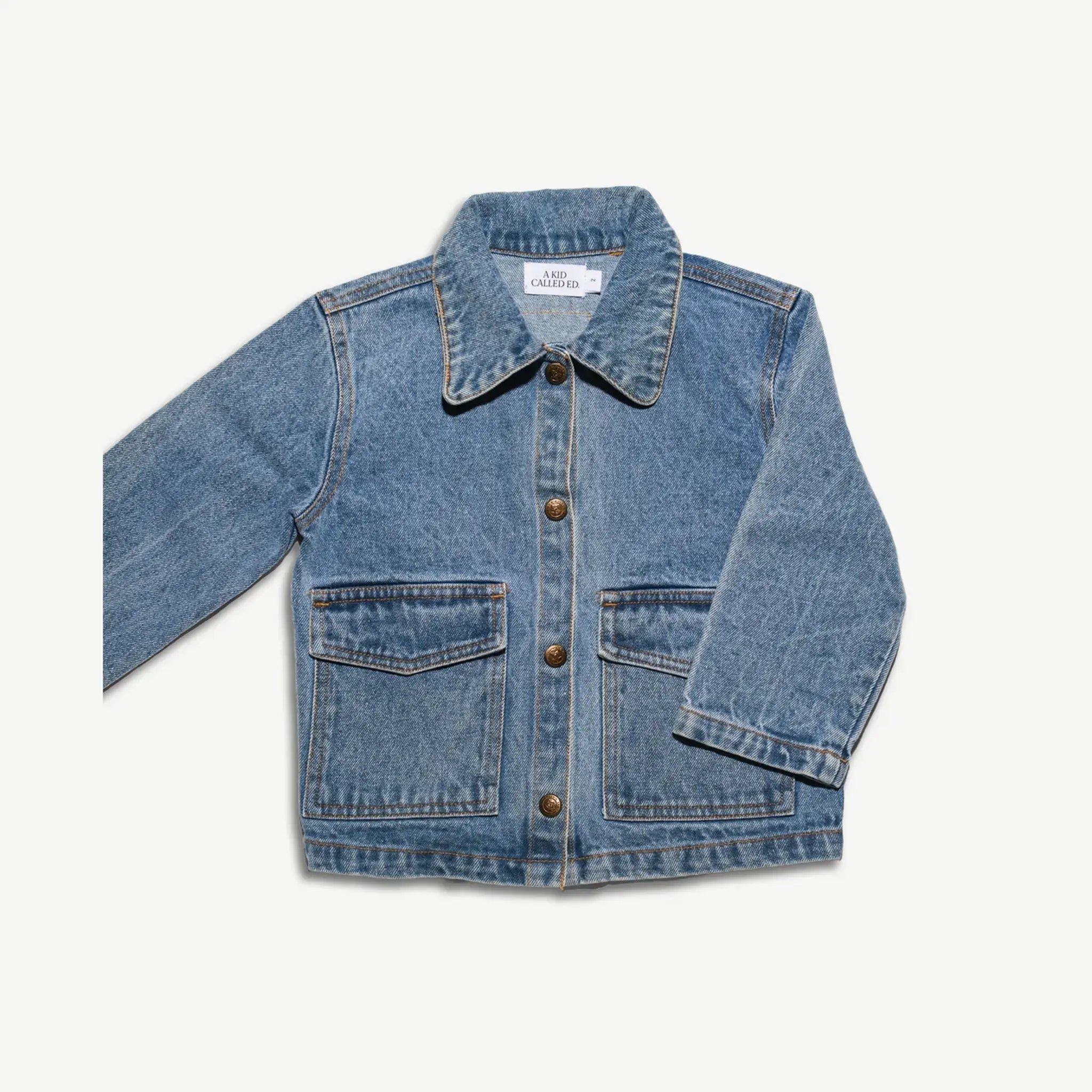 Organic cotton denim jacket for kids, front view, laid flat