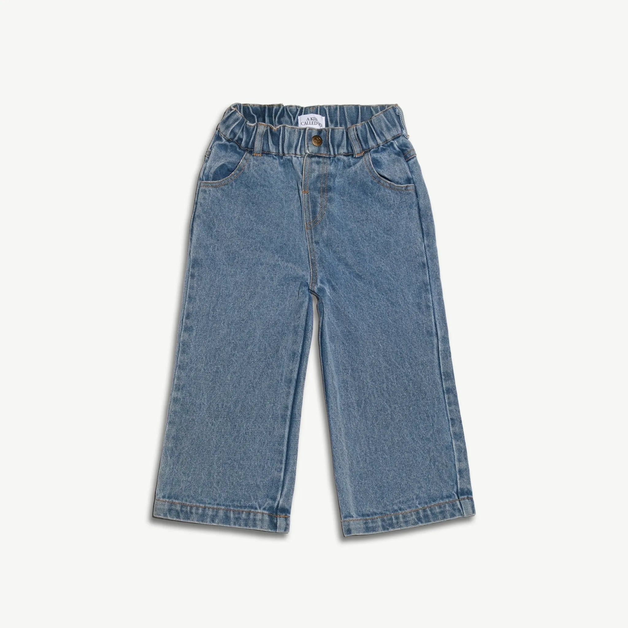 Organic cotton denim jeans for kids, front view, laid flat