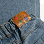Close-up of the A Kid Called Ed leather patch on the denim jeans waistband