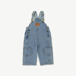 Organic cotton denim overalls for kids, front view, laid flat
