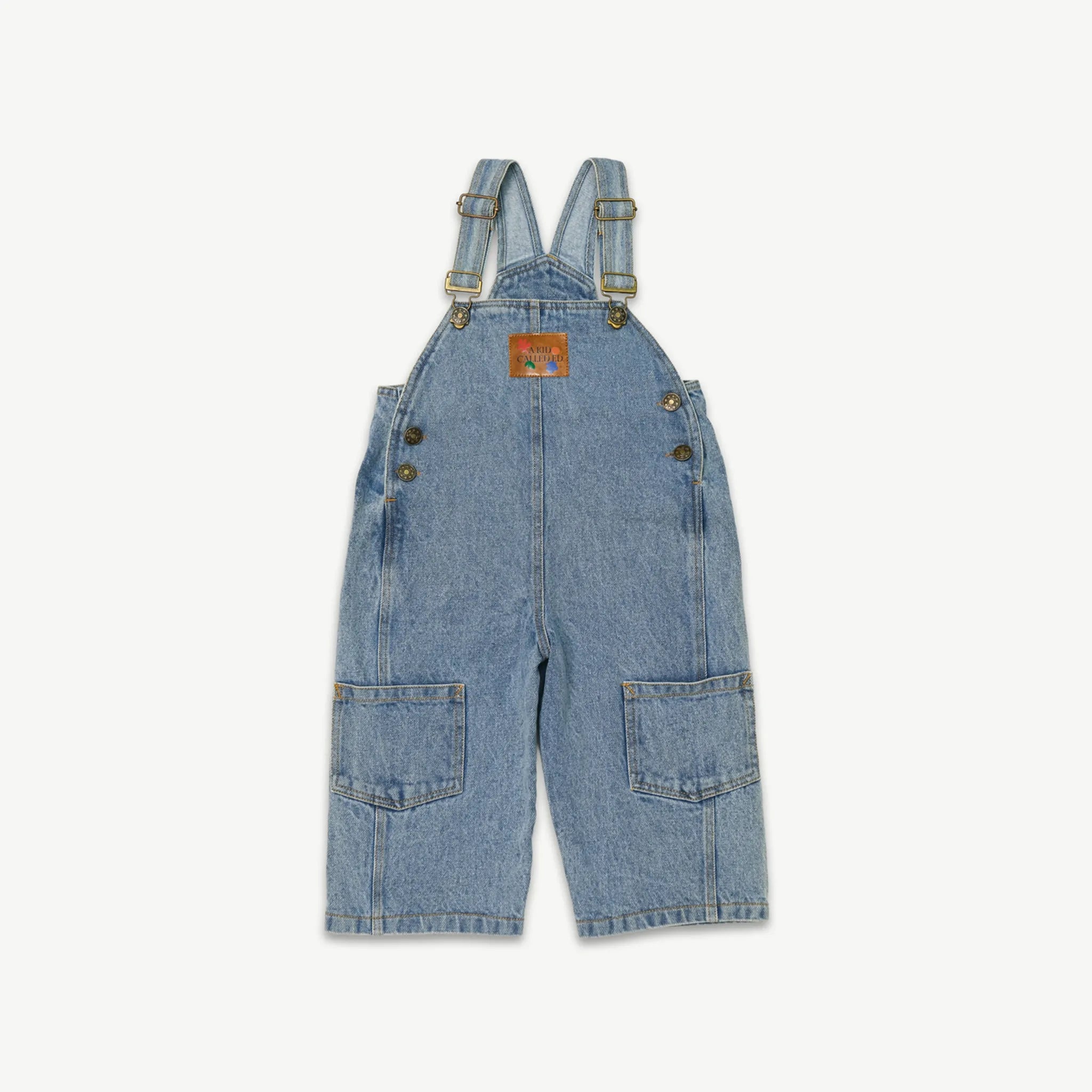 Organic cotton denim overalls for kids, front view, laid flat