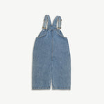 Back view of the kids organic cotton denim overalls with adjustable straps