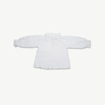Organic cotton muslin long sleeve blouse for kids with a frill neck, laid flat