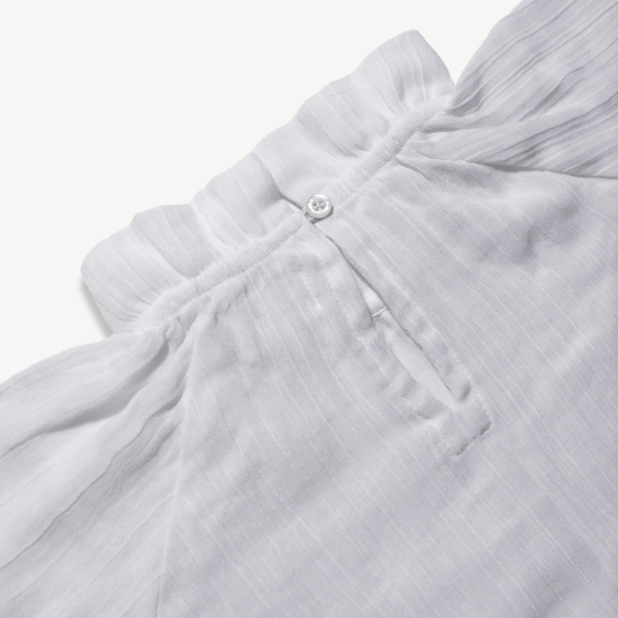 Close-up of the button placket on the organic cotton muslin blouse