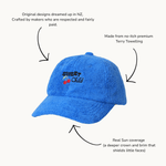 Blue cap with embroidery design with selling points on a white background