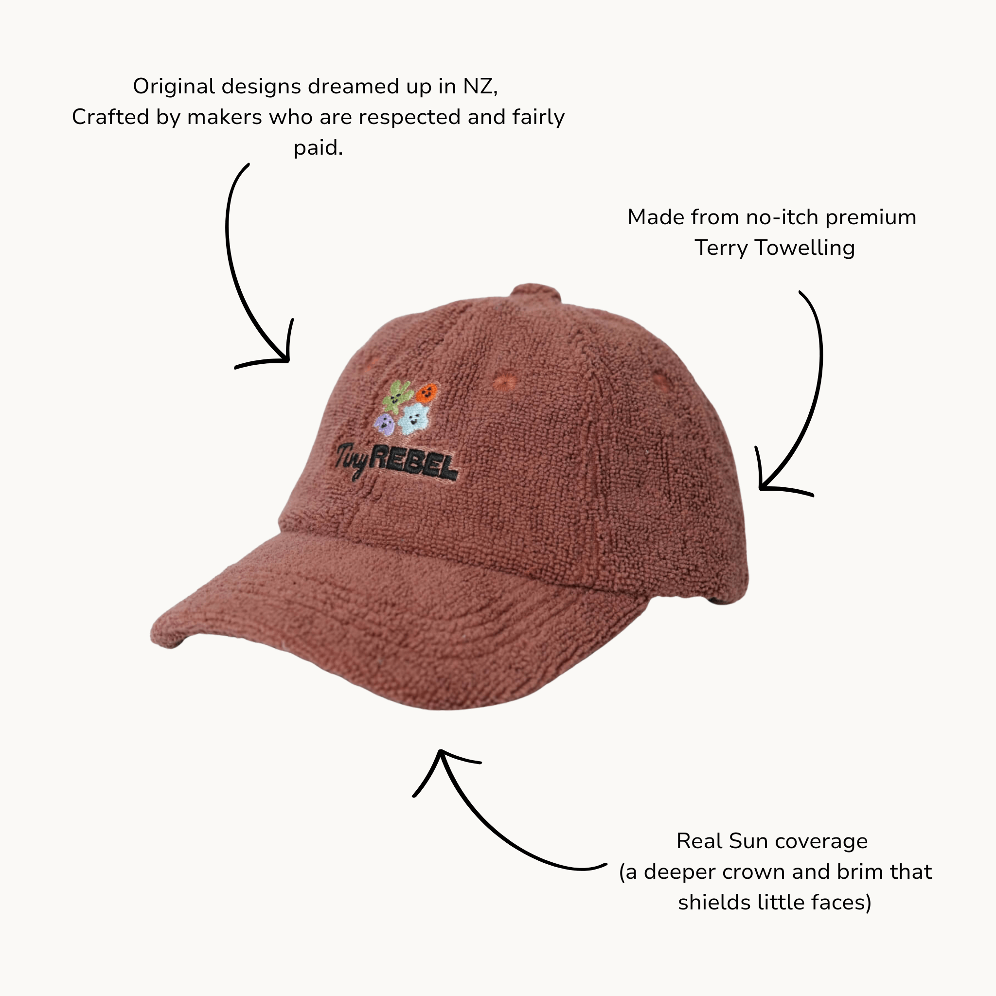 Brown cap with 'Tiny Rebel' logo on a white background
